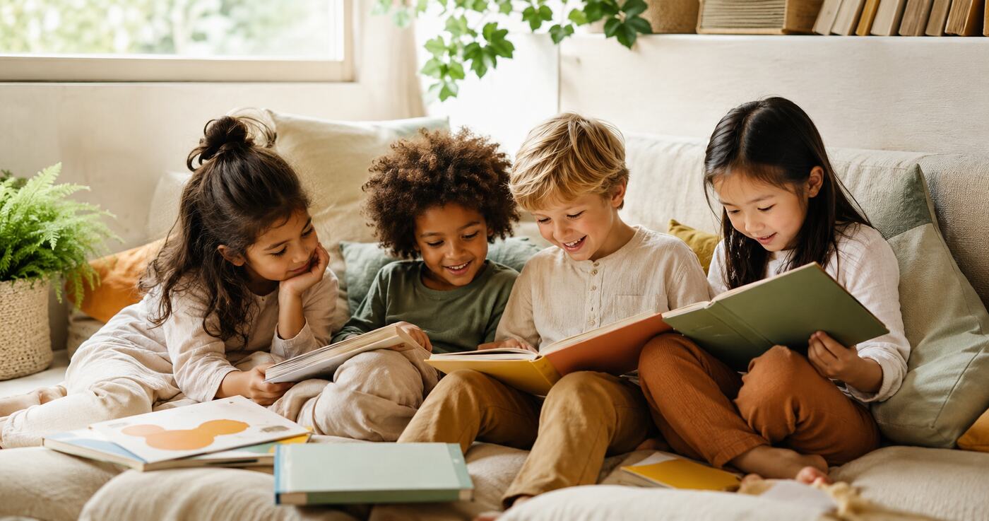 A diverse group of children happily reading books together